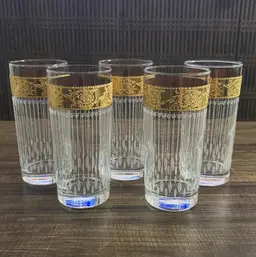 Culver Art Glass Tyrol Highball Set of 5 22KT Gold Vintage MCM Glasses