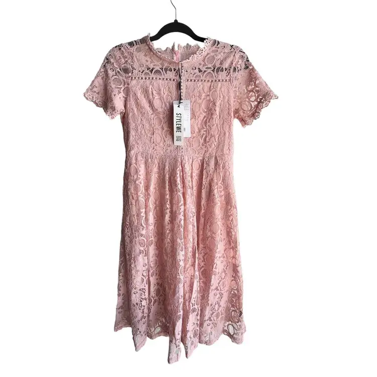 NEW StyleWe Athena PINK LACE DRESS Crochet Collar Womens SZ 0 / SM Fit Flare NWT