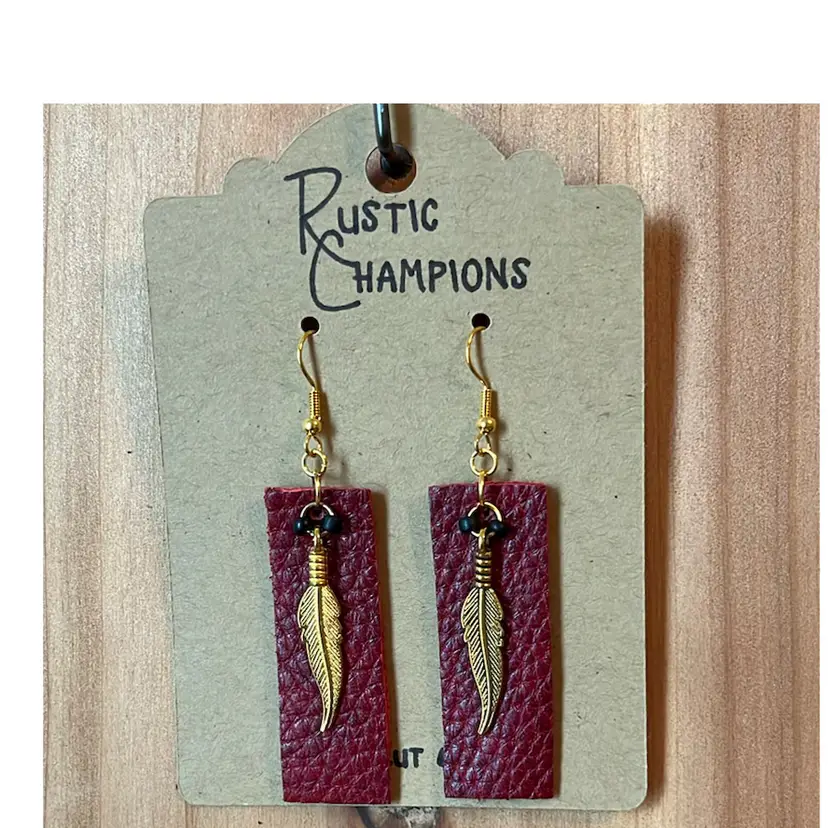 Red Leather With Gold Feather And Black Seed Beads