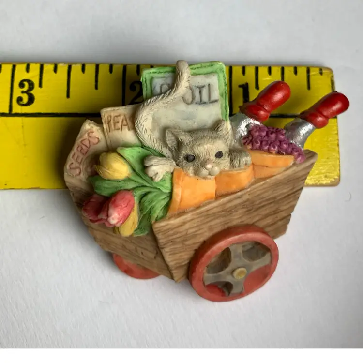 Vtg Papel Freelance Brooch Pin-Cat in a Flower Garden Cart