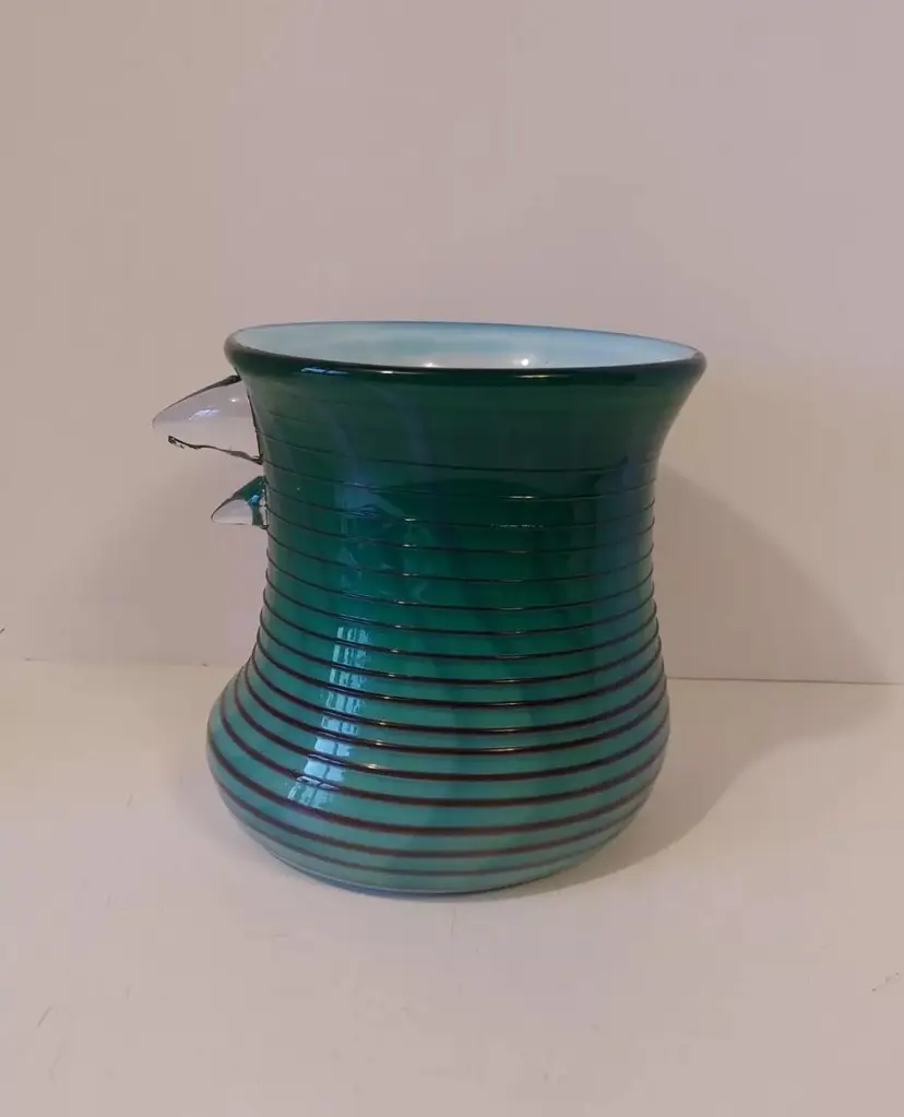 OOAK Green Art Glass Vase With Applied Threading And Horns