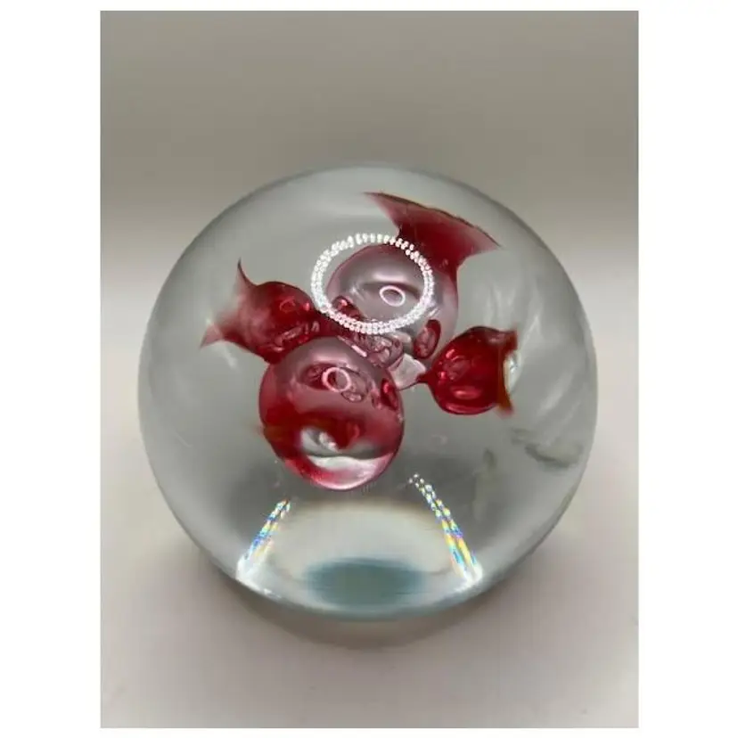 #01 - Large Vintage Art Glass Paperweight with Red Abstract Design ~ 3.25 inches tall