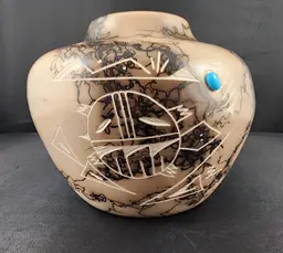 Navajo Horsehair Etched Turtle and Turquoise Studio Pottery Vase Vessel Signed