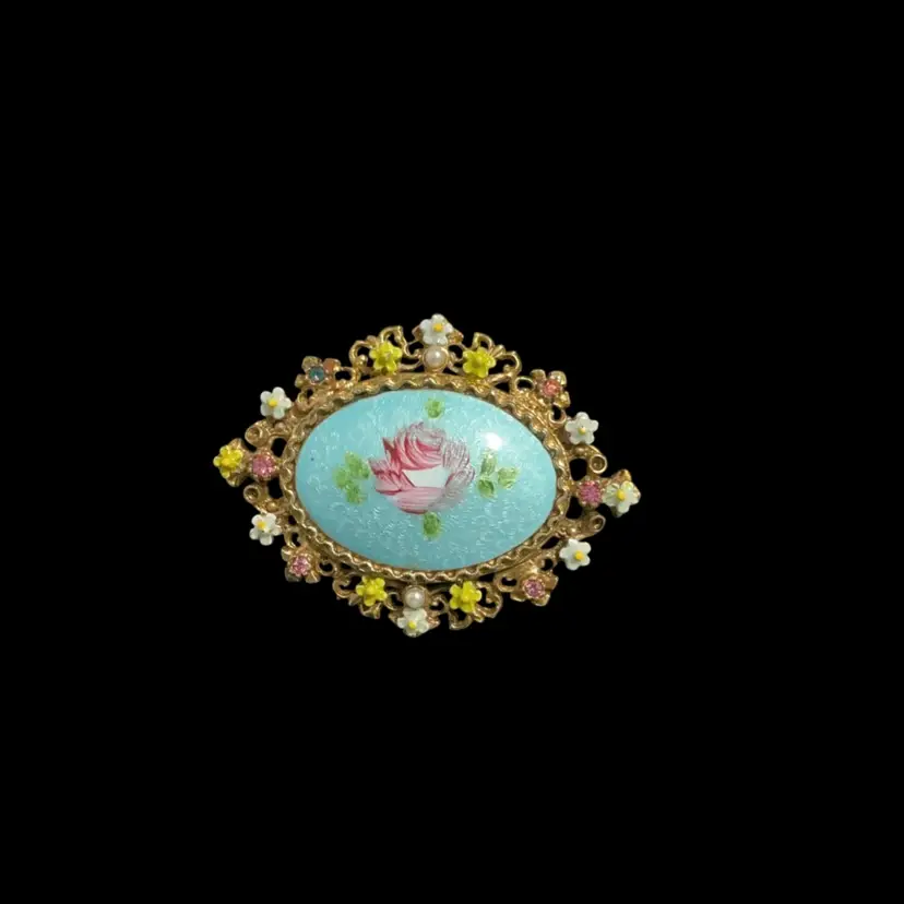 Vintage Goldtone Art ( Arthur Pepper ) Brooch. Approx 1950s / 1960s . Guilloche Blue Enamel With Hand Painted Rose Center. With Faux Pearls And Color Glass Rhinestones . A Few Scratches Lower Price