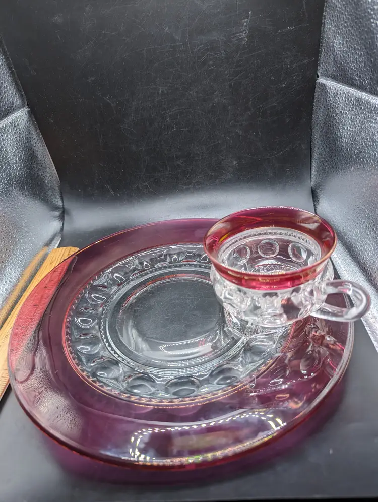 Vintage 2 pc. Tiffin Kings Crown Thumbprint Ruby Red Snack Plate & Cup Set