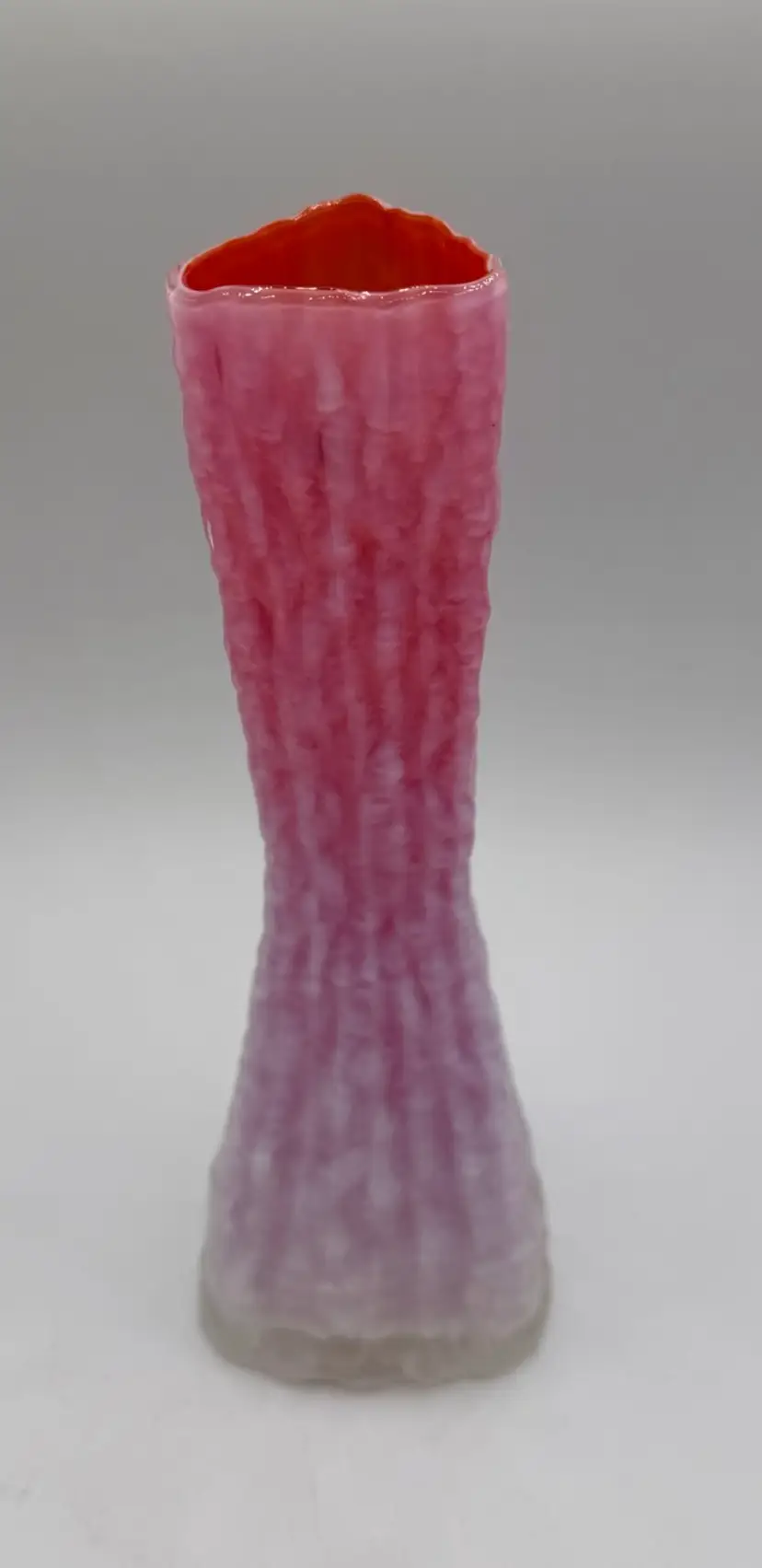 MCM Vibrant Pink White Cased Glass Iced Textured Tree Bark Vase Japan 3 Sided