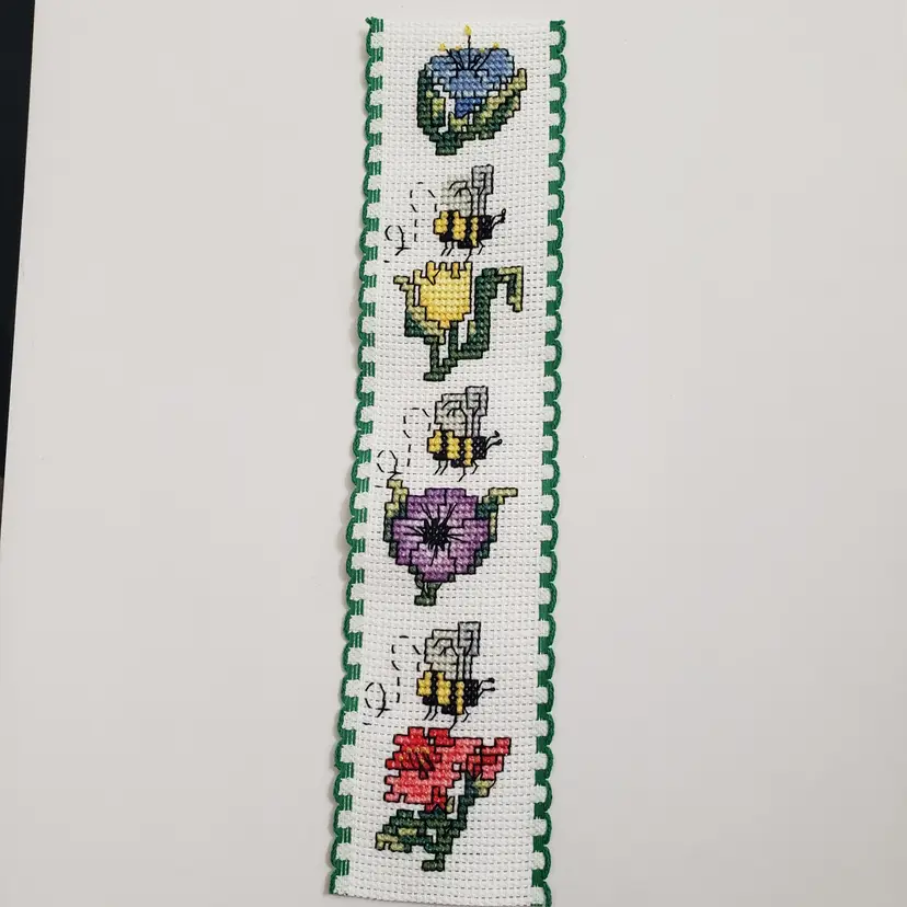 New Cross-stitched Flowers and Bees Ribband Bookmark w/green trim