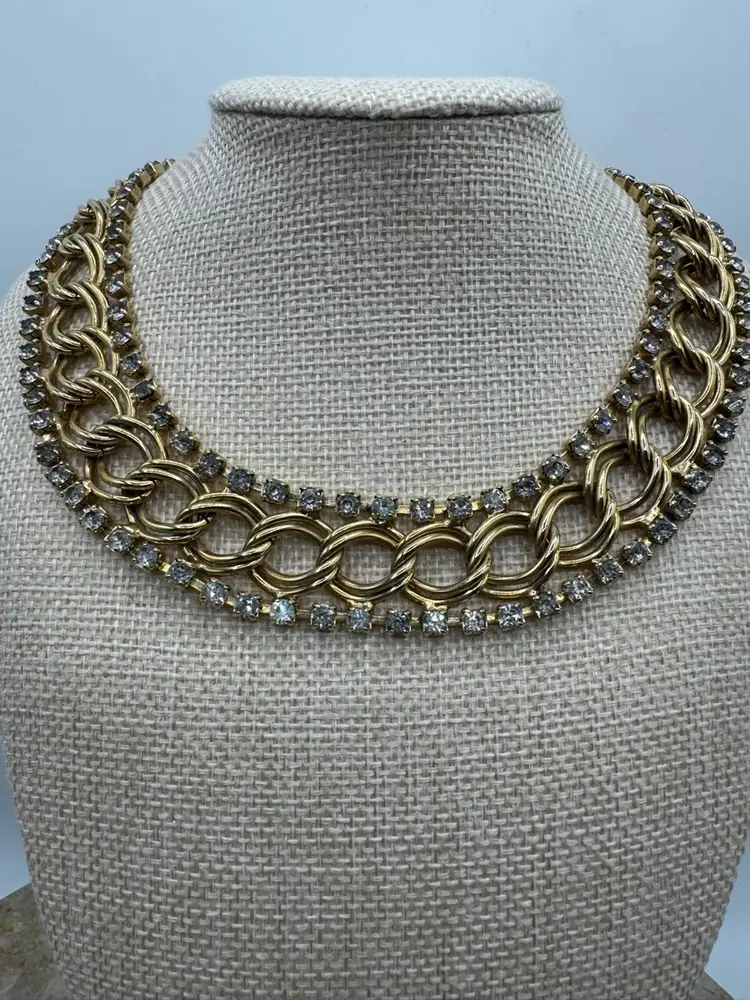 Vintage Gold Tone Rhinestone Jewelry Set Choker Bracelet & Screw Back Earrings