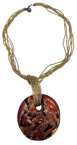 Murano Glass Pendant Necklace Italy Black Red Gold Copper 16"