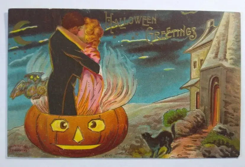 Halloween Postcard Haunted Castle Fantasy Kissing Couple Antique Sanders Unused