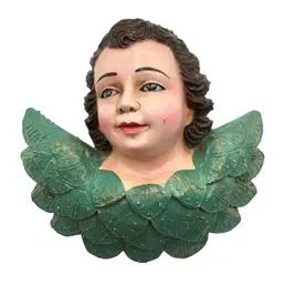 Antique Hand Carved Wood Putti Angel Cherub Head Polychrome Turquoise Wings 5.5”