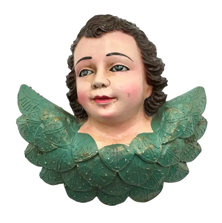 Antique Hand Carved Wood Putti Angel Cherub Head Polychrome Turquoise Wings 5.5”