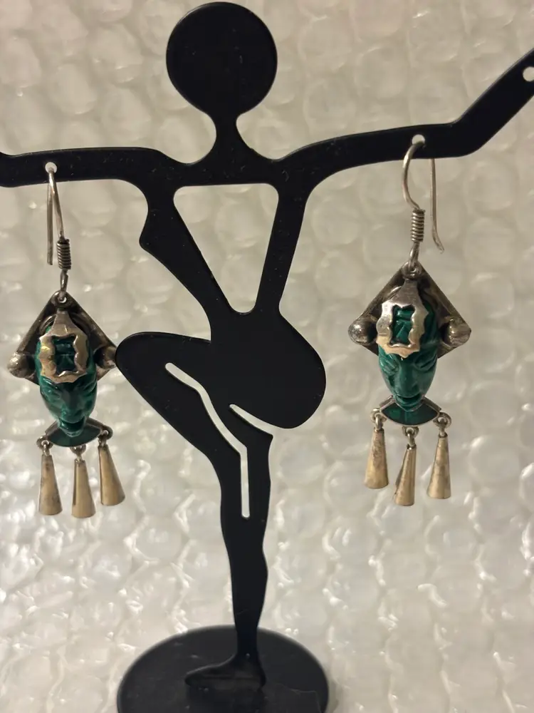 Vintage Mexico Mayan Aztec Sterling Silver Carved Malachite Earrings