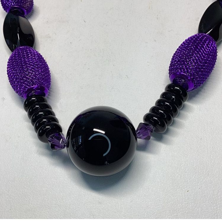 Purple & Black Beaded Necklace Unique Clasp 18”