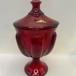Vintage Viking Glass 6 Petal Ruby Red Footed Covered Candy Dish 8" With Sticker