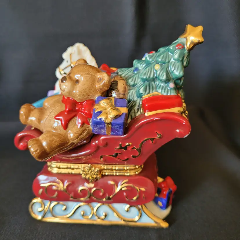 Porcelain Decorative Hinged Trinket Box Santa's Sleigh Filled with Christmas Toys 4 x  5 inches