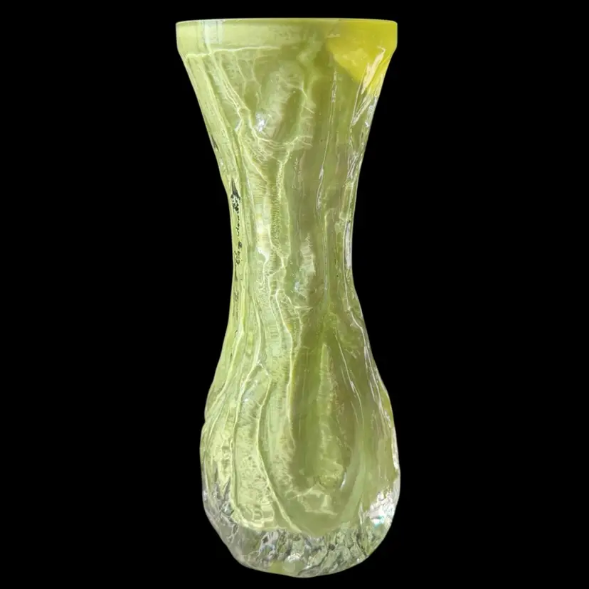 Vtg Brutalist Ingrid Glashutte Glass Ice Bark Vase Green Germany 1960’s 9”