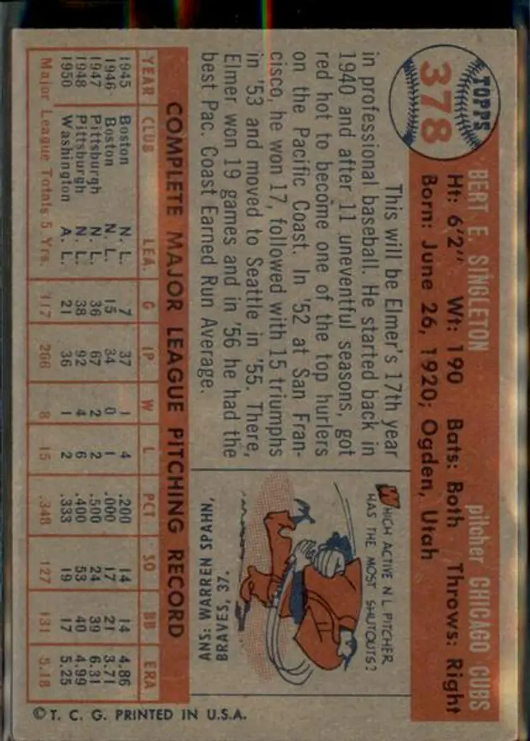 1957 Topps #378 Elmer Singleton - ( pk1 ) - Chicago Cubs