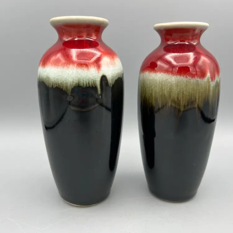2 HOSLEY TM POTTERIES Drip Glazed Bud Vases Red Brown Vintage Art Pottery 6”