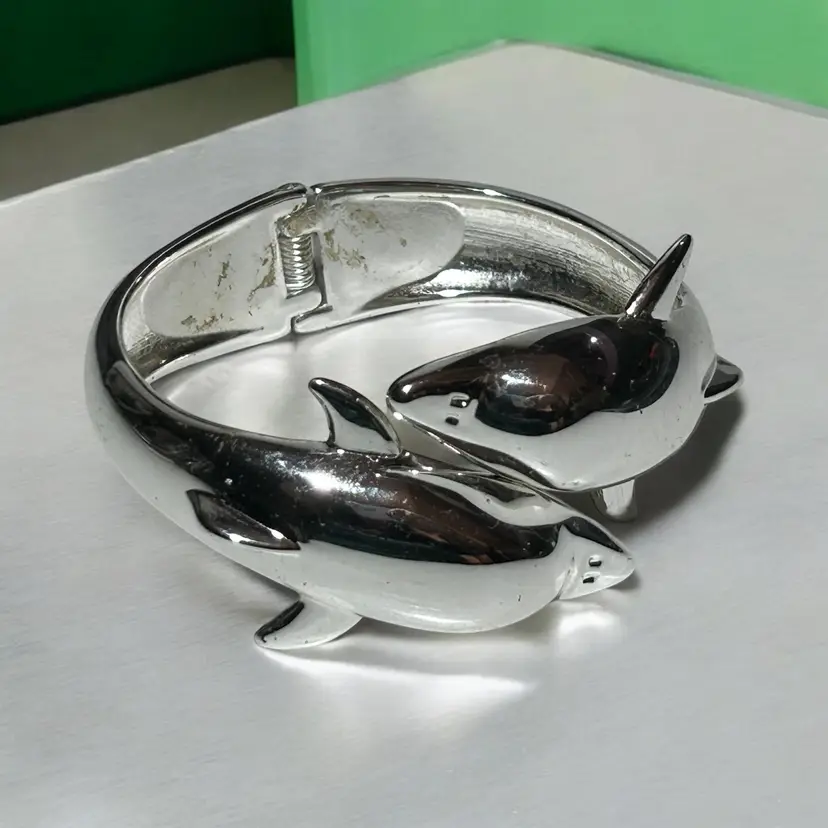 VTG Double Dolphin Silver Plate Clamper Bracelet