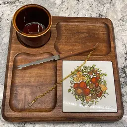 Vtg Good Wood Cheese Charcuterie Board Japan Pottery Bowl Box MCM 70s 1022