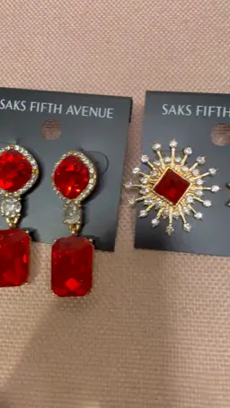 2 Pair Saks Fifth Avenue Red Statement Gold Earrings Sparkly Stunning Gift