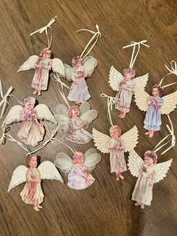 CHOICE OF 2, Vintage Porcelain Bradford Edition Angels, Christmas Ornaments. Size Varies from 5” long to 3” and 3” to 4” inches wide.