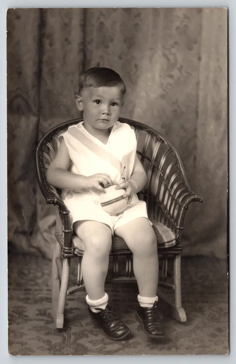 Postcard RPPC Handsome Boy Seated with Ball Real Photo One Piece Outfit -  9263