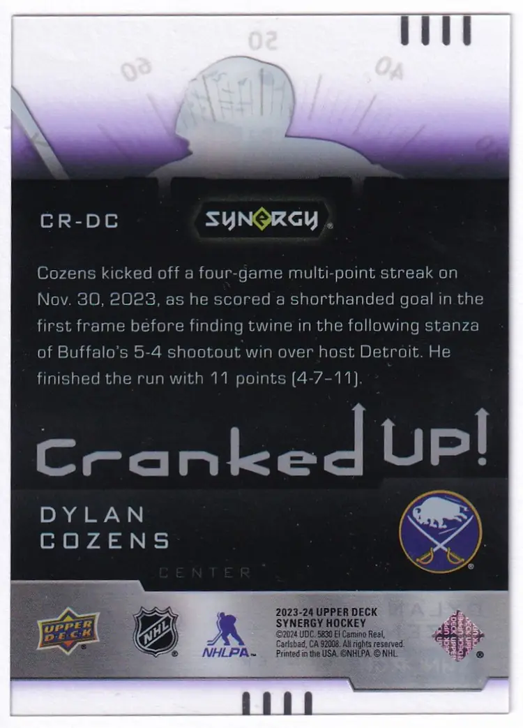 2023-24 Synergy Cranked Up Purple #CRDC Dylan Cozens Buffalo Sabres Hockey Card