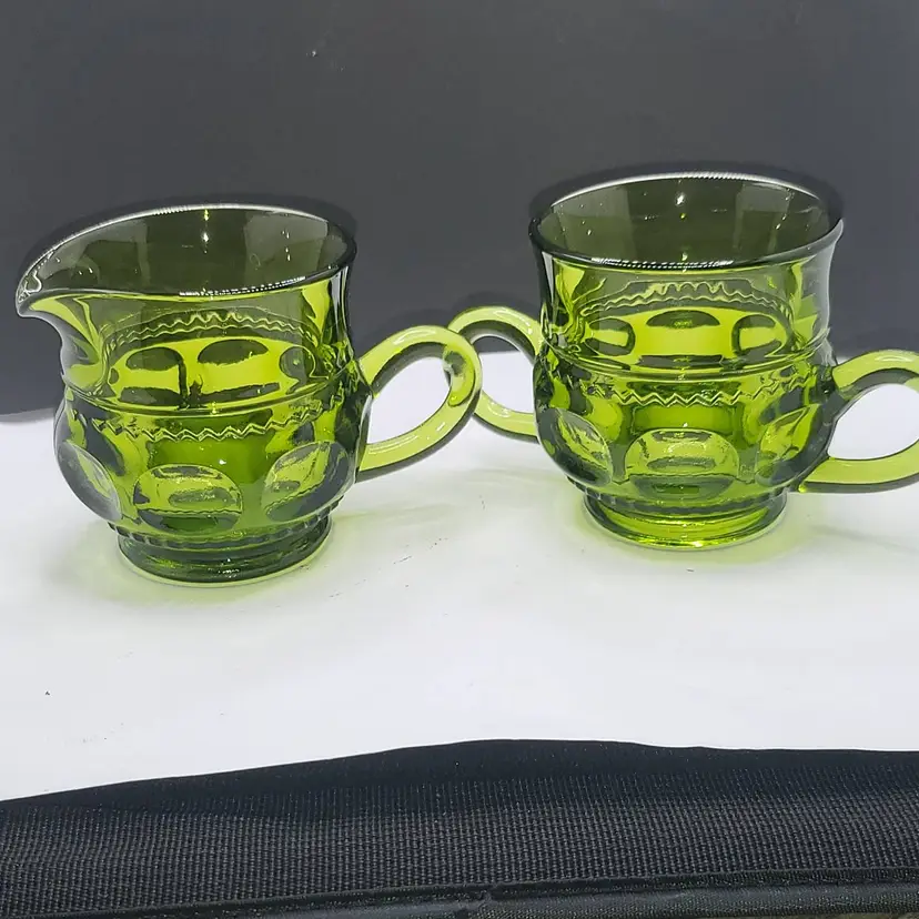 Vintage Green Indiana Glass Creamer and Sugar Set King's Crown Thumbprint
