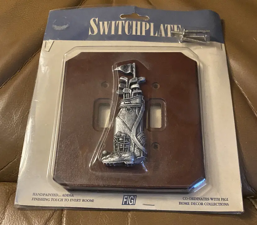 Vintage Golf Bag Handpainted 3D Golf Theme Double Switchplate Cover Figi NOS