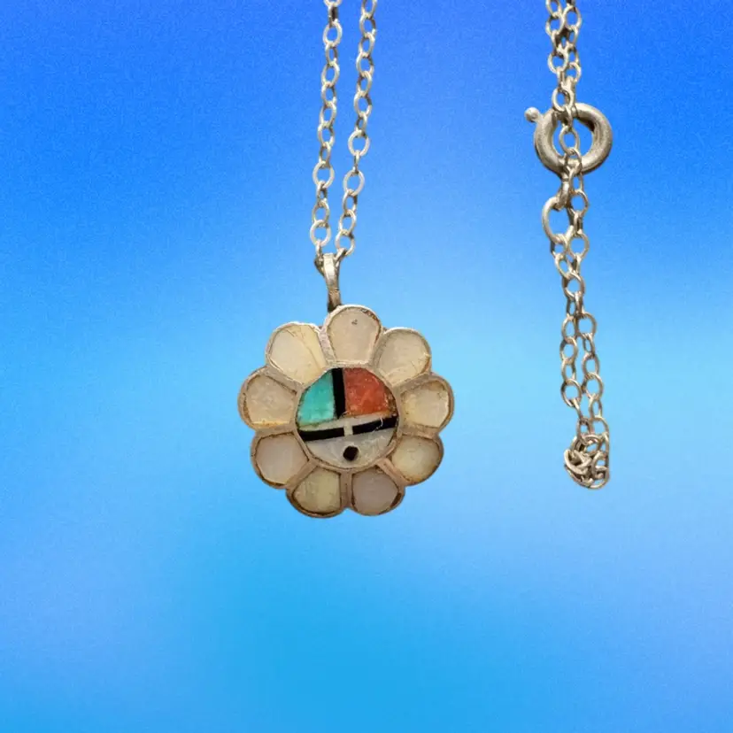 Sterling silver Native American Zuni/Hopi sun face inlay necklace.