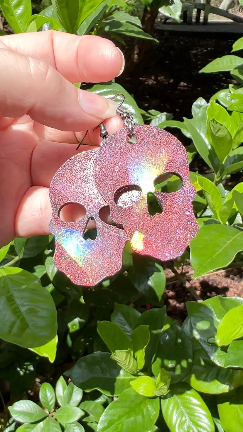 Red Fiery Glitter Skull Holographic Earrings.