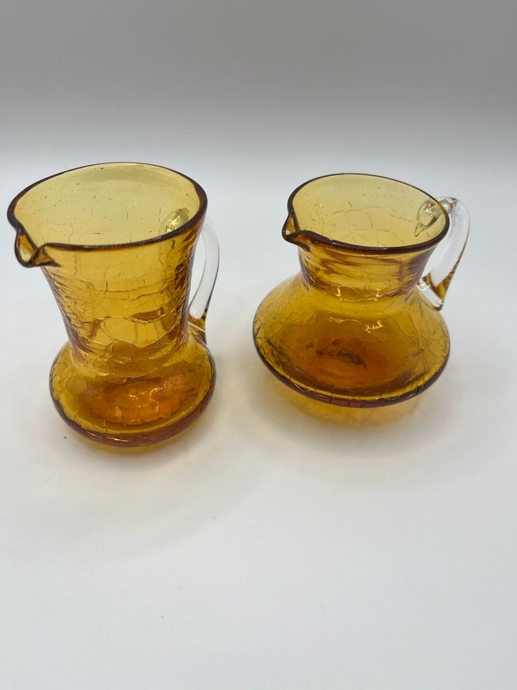 Vintage Amber Crackle Glass Pitchers Hand Blown Applied Handle Set Of 2