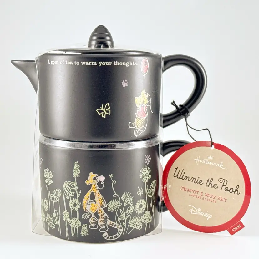 NEW Disney/Hallmark Winnie the Pooh Tigger Eeyore & Piglet Stacking Black Teapot & Mug Set