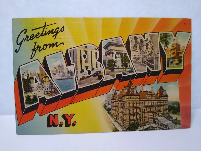 Greetings From Albany New York Large Big Letter City Postcard Linen 1951 Cancel