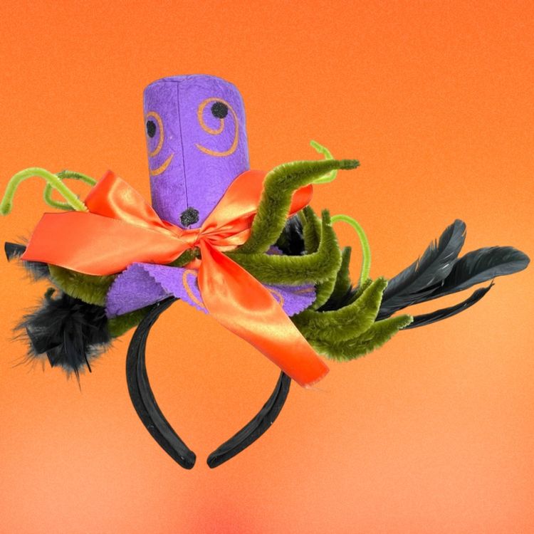 Halloween Whimsical Octopus 🐙 Headband Hat. Fabulous Purple Orange Green Colors With Feathers & Ribbons.