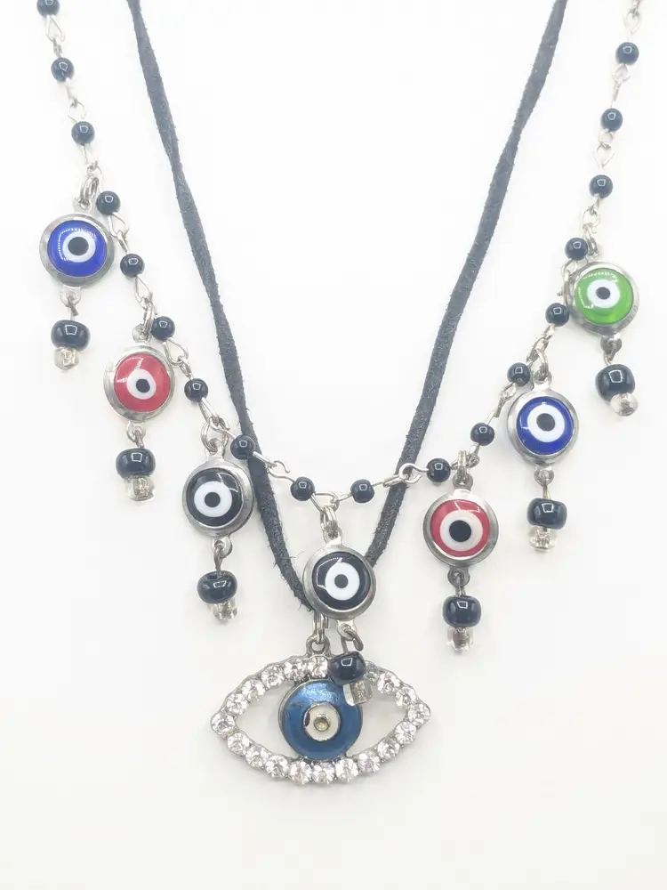 Evil Eye Charm Necklace with Rhinestone Accents Silver Tone READ