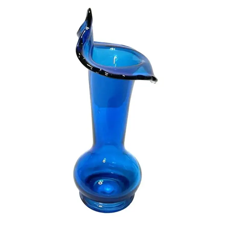 Jack in the Pulpit Hand Blown Art Glass Vase Stretched Blue 1960s Japan No Flaws