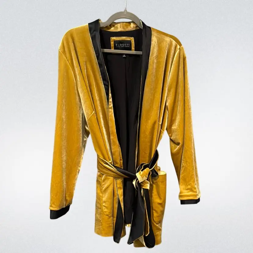 Robe Set Smoking Jacket style gold velvet long sleeve matching pants ELOQUII brand Size 18ELOQUII black lapel black tie belt