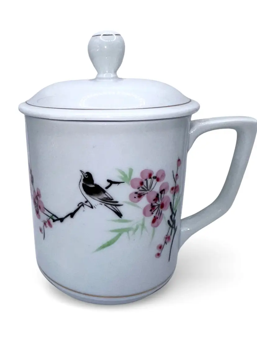 Vintage Chinese Lidded Teacup Or Coffee Mug Porcelain Bird Cherry Blossom Branches