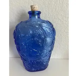 Vintage Libbey Cobalt Blue Glass Decanter With Cork Stopper Embossed Sea Shells