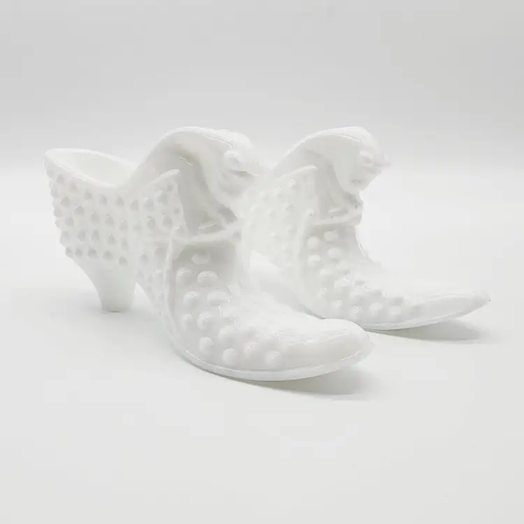 Vintage Fenton Milk Glass Slippers Hobnail Hobnob Cat Head Shoes Pair