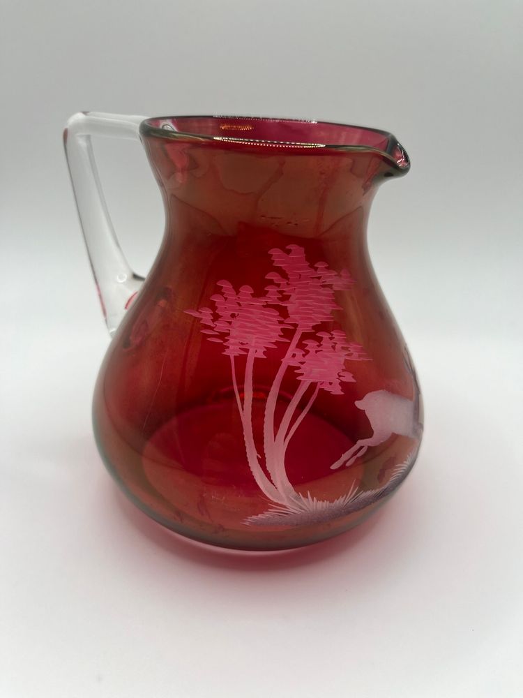 Cranberry Glass Pitcher Mary Gregory Style Deer Trees