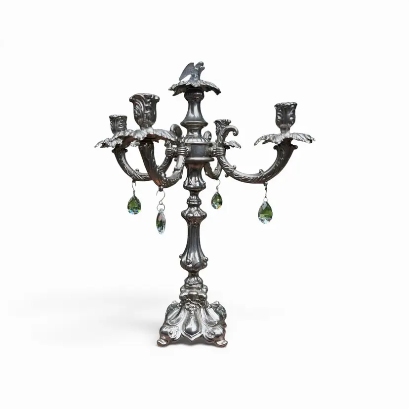 Five-arm candelabra
Origin: Likely Italy or Southern Europe
Era: ~1950s–1970s
Material: Cast metal (brass or plated alloy)
Markings: Crown + model #1330 5 Arm Candelabra