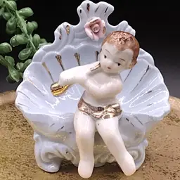 VVintage Japan Porcelain Cherub/Child on Blue Clamshell Vanity Dish Blue Instrument