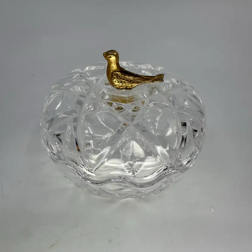 Round Crystal Trinket Dish with Bird Perched On Top
