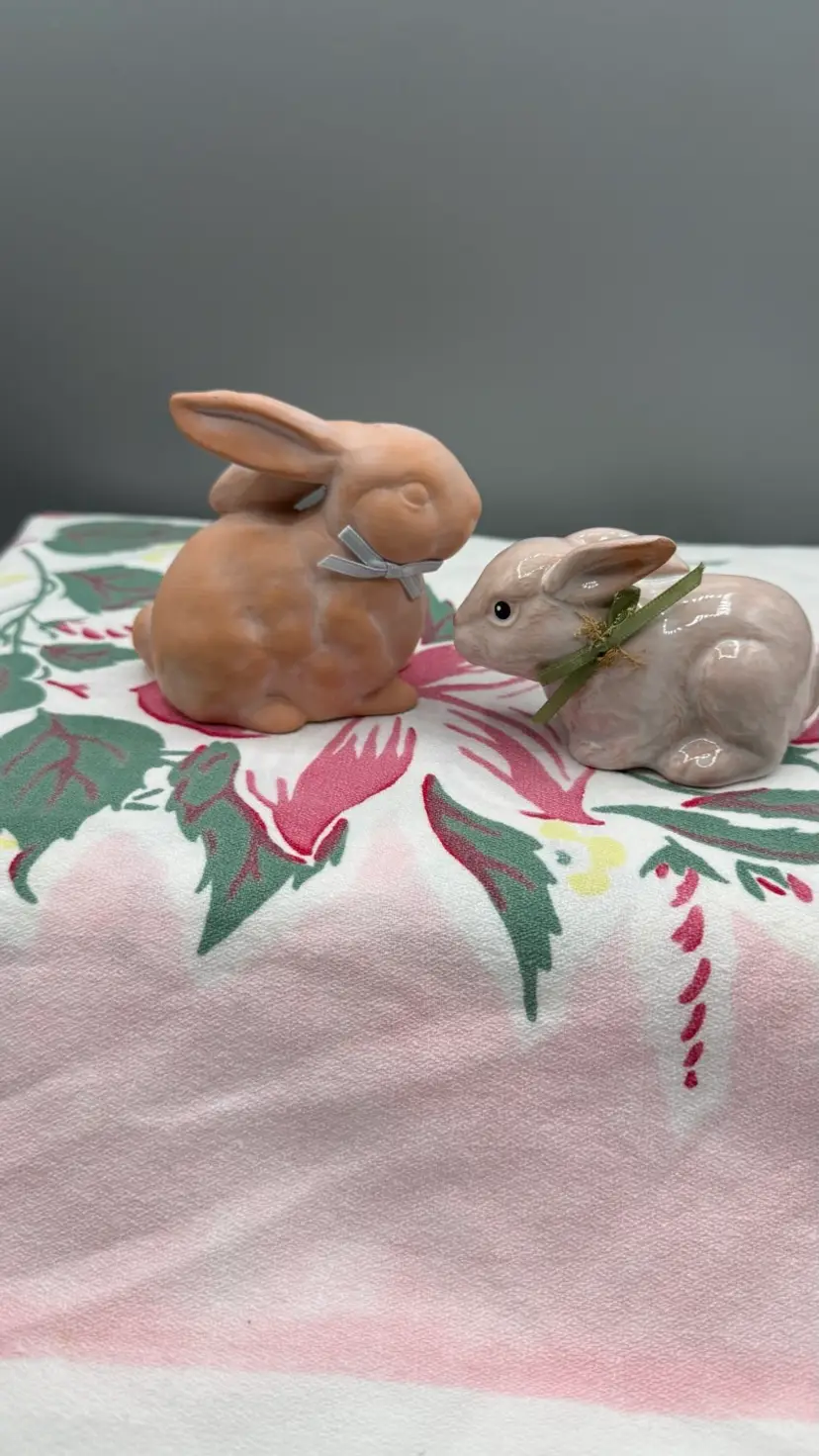 Set Of 2 Vintage Terracotta Bunny Rabbit Figurine – 3" Miniature Clay Garden Statue