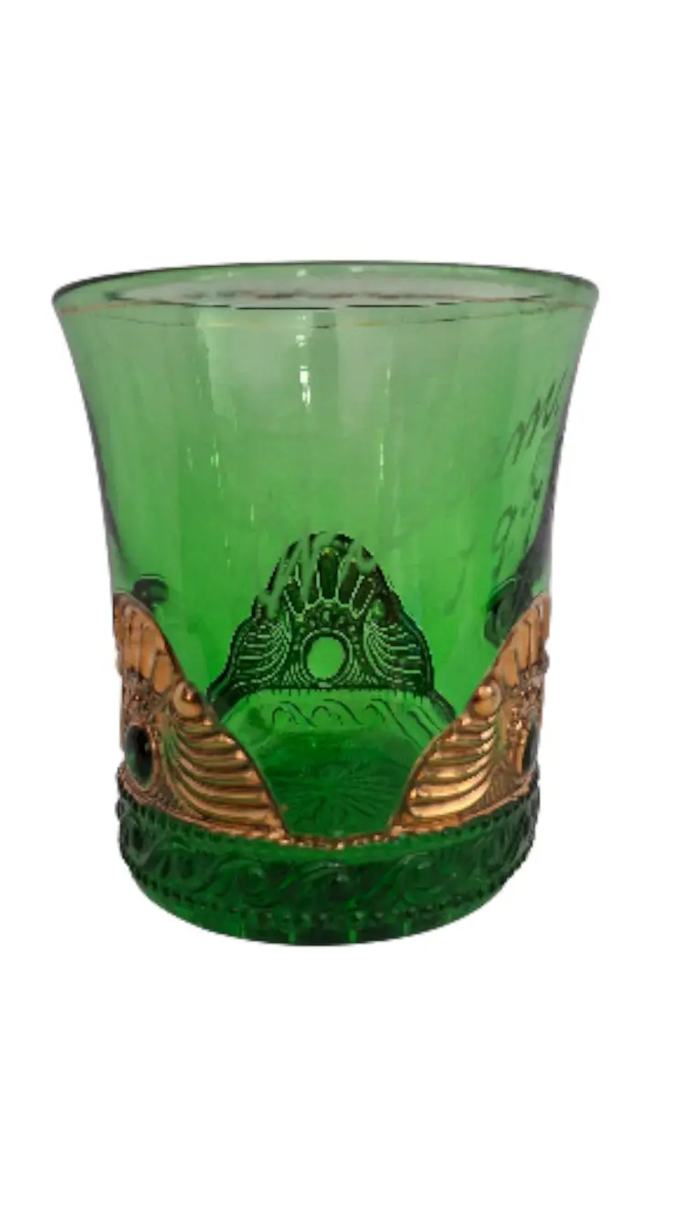 Antique 1918 U.S. Glass Colorado Lacy Medallion Souvenir Tumbler – Green EAPG Gold Decorated Gift Glass – Etched “William” – Victorian Era