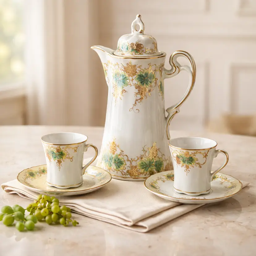 Antique Porcelain Chocolate Pot w/ Floral Design & Gold Gilding & 2 Cups/Saucers